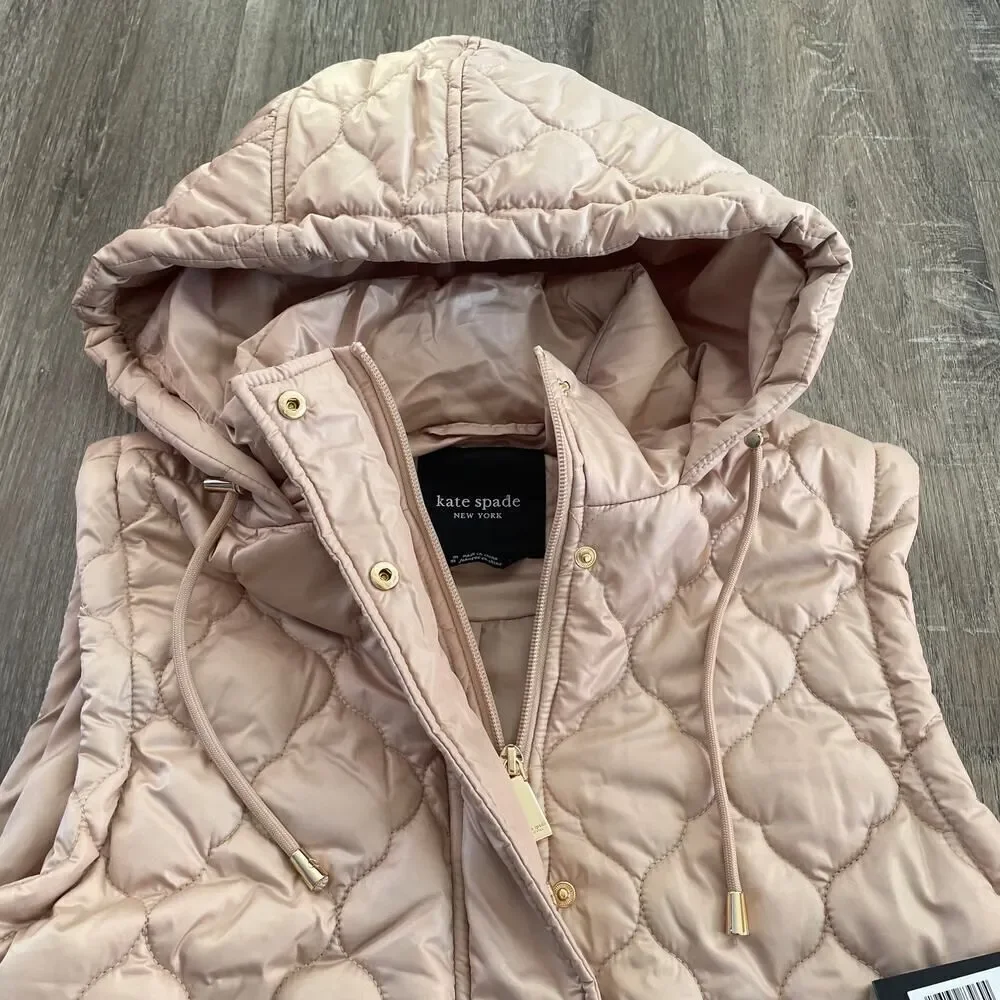 NWT Kate Spade Quilted Long Vest Hooded Soft Clay - Size: Medium